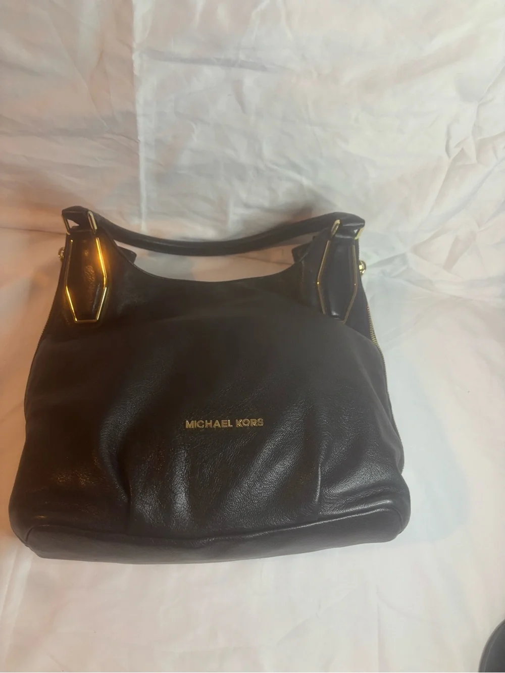 Michael Kors Black Leather Shoulder Bag with Gold Hardware